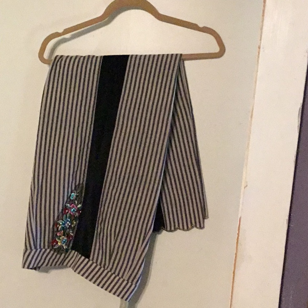 Striped Black & White Wide-Leg Trousers with Beaded Accent